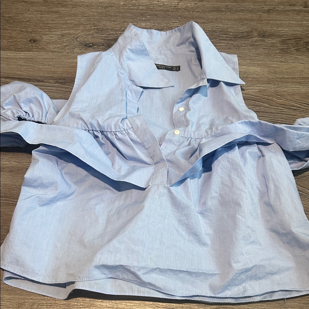 Zara Light Blue Ruffle Detail Blouse